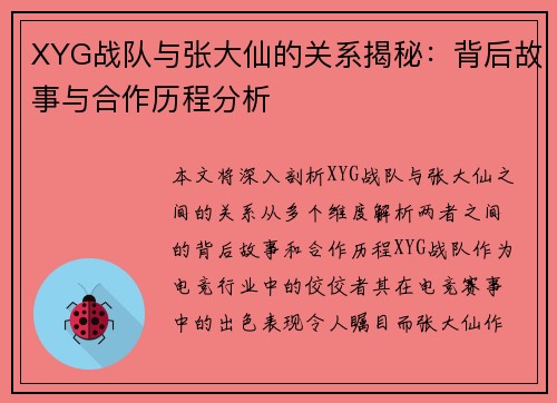 XYG战队与张大仙的关系揭秘：背后故事与合作历程分析